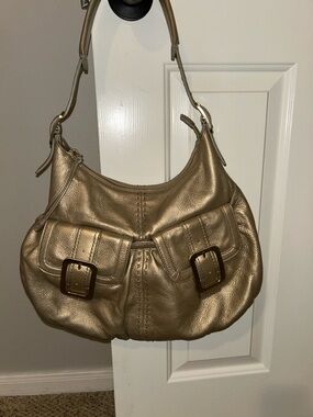 Cole Haan Metallic Gold Leather Shoulder Bag with Buckle Front Pockets